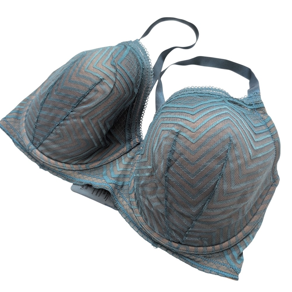 Thirdlove Graphic Lace Mesh Demi Bra‎ Teal Blue 36F Adjustable Straps Lace Trim